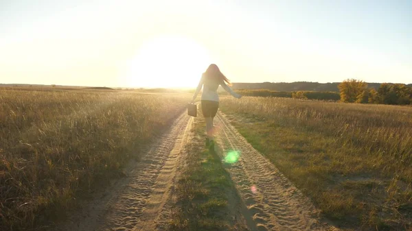 Donna d'affari che cammina lungo una strada di campagna con una valigetta in mano. sexy donna d'affari ragazza che lavora in zona rurale. donna contadina ispeziona la terra al tramonto. concetto di impresa agricola . — Foto Stock