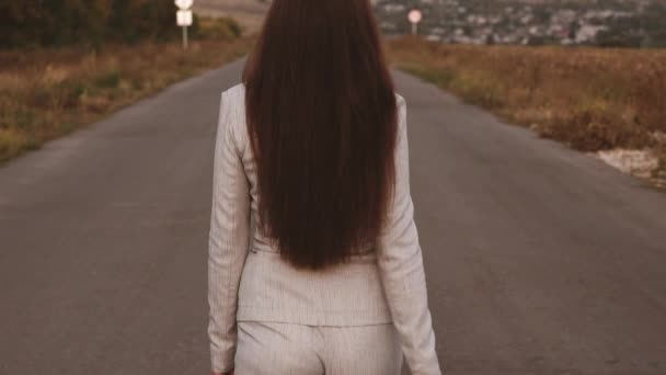 Sexy mujer de negocios con piernas largas caminando por el camino. Primer plano. La mujer de negocios camina por la carretera con un maletín negro en la mano. vista posterior — Vídeos de Stock