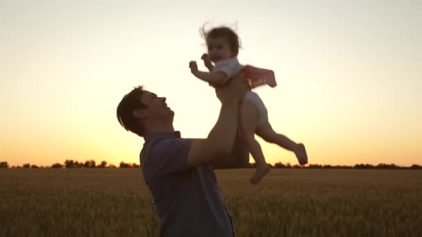 Pappa kastar dotter upp till himlen. Fadern leker med ett litet barn på bakgrund av vete sätter in. lycklig familj spelar på kvällen mot himlen. Pappa kastar upp baby, baby leenden. slow motion Filmning. — Stockvideo