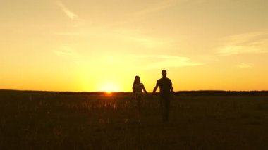 Sevgi içinde genç bir çift el tutarak saha boyunca yürüyor. kız ve adam gün batımına gidin. mutlu aile yaz aylarında güneşin ışınları içinde Parkta yürür. mutlu aile kavramı