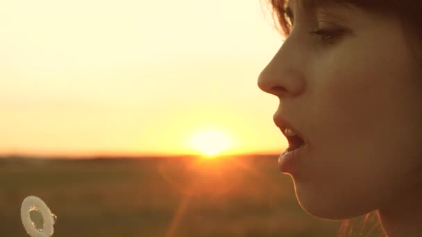 Gelukkig meisje waait mooie zeepbellen in het Park. Close-up. lippen van een jonge vrouw blazen bubbels in een mooi licht. Slow Motion. — Stockvideo