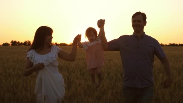 Hija feliz con mamá y papá viajan alrededor de un campo de trigo maduro, el niño se ríe. trabajo en equipo familiar. Bebé con padres jugando y sonriendo en el campo con trigo. concepto de familia feliz y la infancia — Vídeo de stock