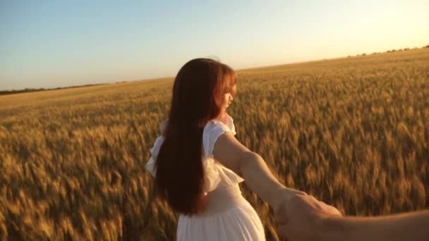 Vem atrás de mim. Mãe e filha riem viajando, de mãos dadas com o pai. Feliz família de mãos dadas, corre num campo de trigo. Movimento lento. Mãe com filho vai segurando seu amado homem à mão . — Vídeo de Stock