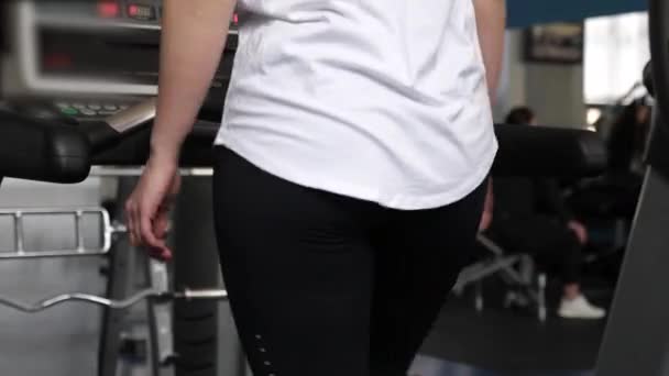 Girl on treadmill goes, cardio load. fitness club sexy girl engaged in walking. strengthening muscles of heart and legs by walking. female training on a treadmill. walking in gym. weight loss in gym — Stock Video