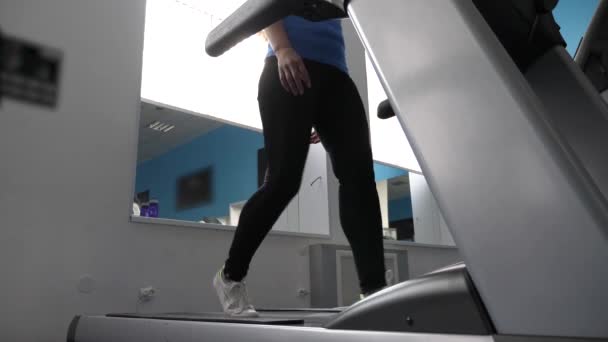 Fitness klub smukłe dziewczyna zaangażowany w chodzenie na bieżni. Dziewczyna na bieżni idzie, cardio obciążenia. wzmocnienie mięśni serca i nóg. szkolenia kobiet na bieżni. utrata masy ciała w siłowni. — Wideo stockowe