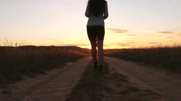 Una mujer de negocios camina por un camino rural con una tableta en la mano, el sol miertsaet entre las piernas de las mujeres. sexy mujer de negocios chica corriendo en el campo. sexy chica viaja en el campo — Vídeos de Stock