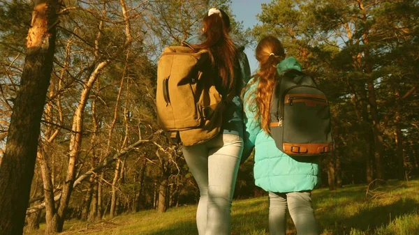 Mutter und Tochter spazieren mit einem Rucksack durch den Wald. Wanderer umgeben von einem Kiefernwald. Der Tourist genießt Leben und Natur. Urlaubsabenteuerreisen. glückliche Familienreisen. — Stockfoto