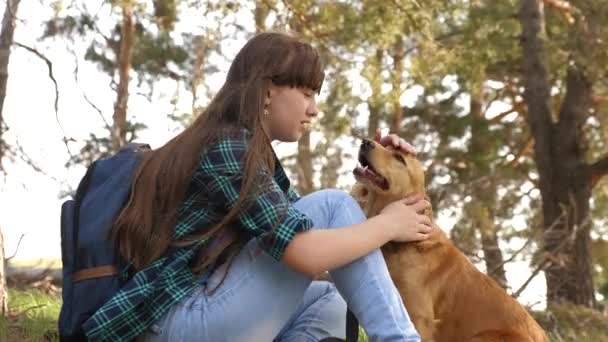 Sexig tjej tränar hunden. Lycklig hund uppfödare kvinna gå med hund. Resenär med ryggsäck. Gratis ägare och husdjur. — Stockvideo