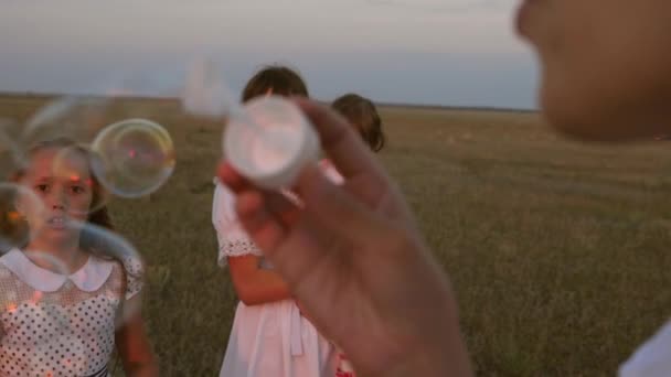 Niño, hermanas y madre juegan juntos. Feliz madre jugando con los niños soplando burbujas de jabón. niños atrapan burbujas y se ríen en el parque en verano. En cámara lenta. El concepto de una familia feliz . — Vídeo de stock