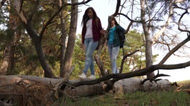 Omuzlarında sırt çantaları ile seksi kızlar gezgin özgürlüğün tadını çıkarın. Kız arkadaşlar engelleri üzerinde gülmek. Kampanyada maceralar. Takım çalışması.