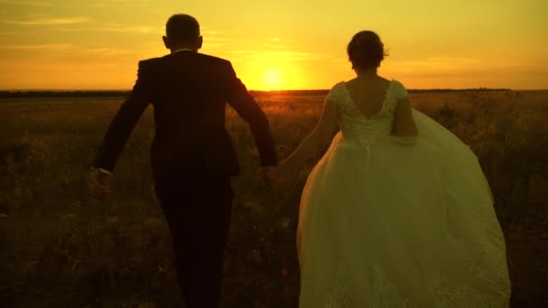 Una coppia innamorata che si tiene per mano va al tramonto. Uomini e donne felici corrono al tramonto. Una coppia innamorata in viaggio di nozze. Sposa e sposo. Rallentatore . — Video Stock