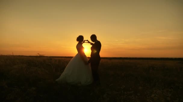 Sol en la mano. Silueta de una pareja amorosa haciendo un símbolo del corazón con sus manos frente al sol en el horizonte. Trabajo en equipo de una pareja amorosa. Día de la boda celebración — Vídeos de Stock