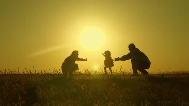 Mutter und Vater spielen mit ihrer Tochter in der Sonne. Das glückliche Baby geht von Papa zu Mama. junge Familie auf dem Feld mit einem Kind 1 Jahr. Familienglück. schöner Sonnenschein, Sonnenuntergang. — Stockvideo