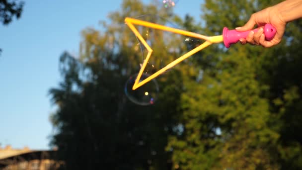 Fille soufflant de grosses bulles dans le parc de la ville contre le ciel bleu. Gros plan. Mouvement lent — Video