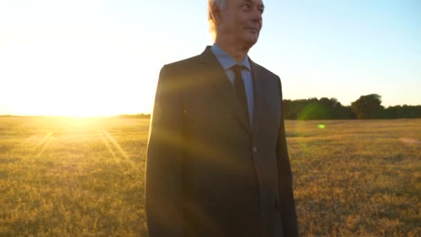 Agricultor caminha através do campo. homem de negócios com pasta preta caminhando pelo campo em raios do sol brilhante. agrônomo caminhando no campo à noite. empresário caminha pelo parque ao sol . — Vídeo de Stock