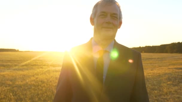 Business man met zwarte aktetas wandelen door veld in stralen van de felle zon. boer loopt over veld. agronoom wandelen in het veld in de avond. zakenman wandelt door het Park in de zon — Stockvideo