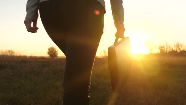 Donna d'affari che cammina lungo una strada di campagna con la valigetta in mano. sexy donna d'affari ragazza che lavora in zona rurale. donna contadina ispeziona la terra al tramonto. concetto di impresa agricola . — Video Stock