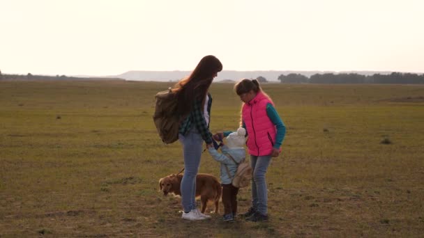 Aile, köpekle birlikte ovaları ve dağları dolaşır. anne, kız ve ev evcil hayvan turistler. birbirine sıkı sıkıya bağlı bir ailenin takım çalışması. Doğada bir spor aile tatili kavramı. — Stok video