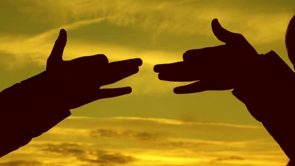 Τα παιδιά κάνουν το σχήμα του σχήμα σκύλου με τα χέρια στο ηλιοβασίλεμα. κορίτσια, κρατήστε τη χειρονομία του σκύλου σύμβολο με τα δάχτυλά τους ενάντια στον ουρανό. τα παιδιά δείχνουν με τα χέρια η σιλουέτα ενός ζώου. παιχνίδι των σκιών — Αρχείο Βίντεο