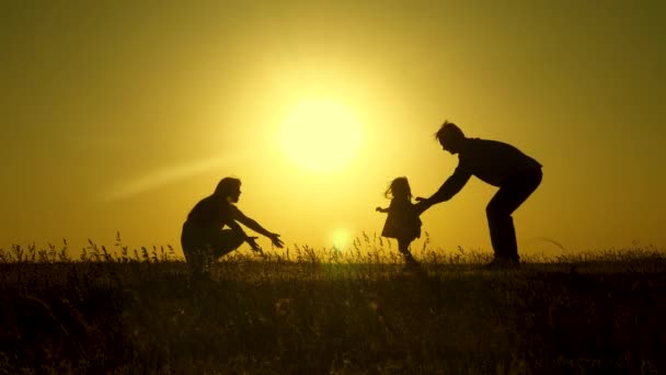 Parents play with their little daughter. mother and Dad play with their daughter in sun. happy baby goes from dad to mom. young family in the field with a child 1 year. family happiness concept. — Stock Video