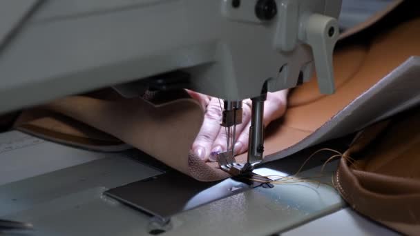 Processus de couture de cuir artificiel. aiguille de machine à coudre en mouvement. une couturière coud du cuir noir dans un atelier de couture. aiguilles de machine à coudre se déplace rapidement de haut en bas, gros plan . — Video