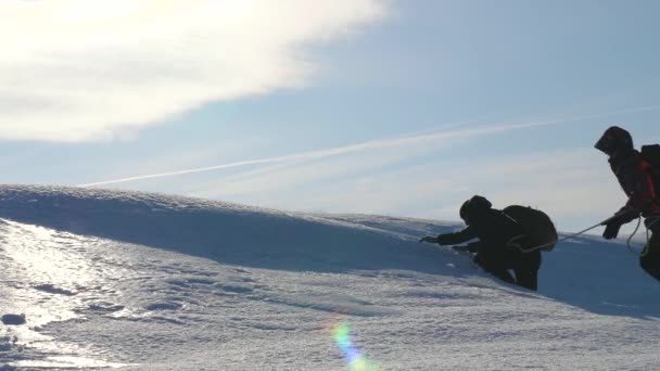 雪の中を歩く旅行者のチームワーク。困難を乗り越える。3人のアルピニストが山にロープを登る。旅行者のシルエットは、強風の中で氷の上で彼らの勝利に上昇します. — ストック動画