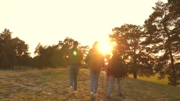 Caminhante. três meninas viajam, caminham através de bosques para escalar colina se alegrar e levantar as mãos para o topo. meninas viajam com mochilas na estrada do campo. Família feliz em viagens de férias . — Vídeo de Stock