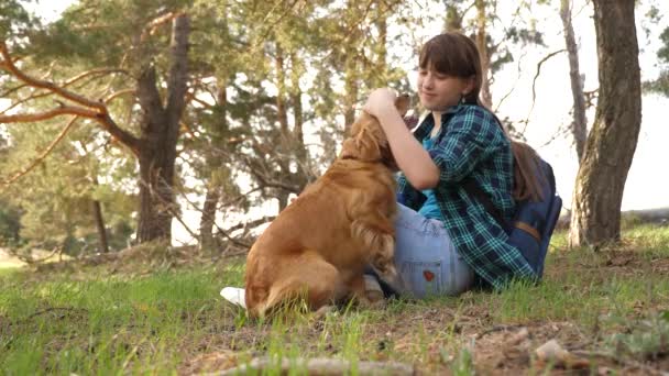 Ragazza allevatore sexy sta addestrando un cane. Una viaggiatrice con un cane. Lavoro di squadra. Il tuo animale preferito. Cura e allevamento di cani. La ragazza accarezza il cane e sorride . — Video Stock