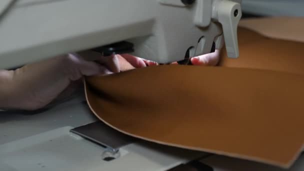 Proceso de costura de cuero artificial. aguja de máquina de coser en movimiento. una costurera cose cuero negro en un taller de costura. agujas de la máquina de coser se mueve rápidamente hacia arriba y hacia abajo, primer plano . — Vídeo de stock