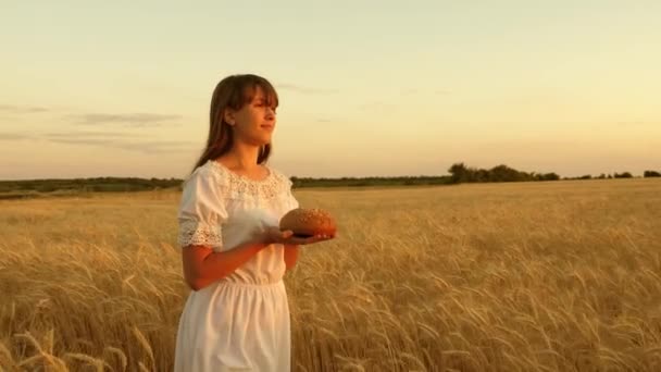 Lahodný chléb na dlaních mladé ženy. dívka si v dlaních uchovává chléb a přechází přes pole zralých pšenice. bochník chleba v rukou dívky nad pšeničným polem v paprscích západu slunce. — Stock video