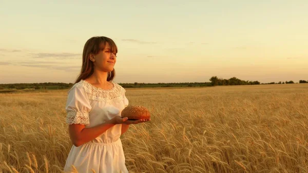 Délicieux pain sur les paumes d'une jeune femme. fille tient du pain dans ses paumes et traverse le champ de blé mûr. pain dans les mains d'une fille sur un champ de blé aux rayons du coucher du soleil . — Photo