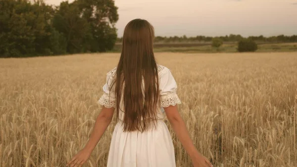 Una niña feliz camina a través de un campo de trigo amarillo y toca las espigas de trigo con sus propias manos. En cámara lenta. chica viaja en el campo. El concepto de ecoturismo . —  Fotos de Stock