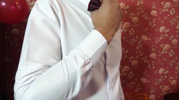 Man straightens bow-tie close up. the musician prepares for performance. The man straightens his tie. Well-dressed young man adjusts classic red bowtie. Close-up. — Stock Video