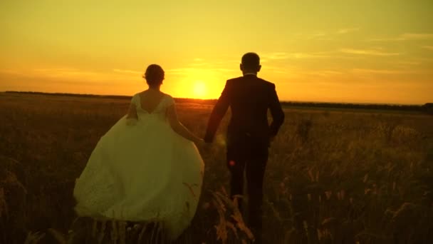 Ζευγάρι στην αγάπη κρατώντας τα χέρια πάει στο ηλιοβασίλεμα. Ο ευτυχισμένος άντρας και η γυναίκα τρέχουν το ηλιοβασίλεμα. Ερωτευμένα ζευγάρια στο ταξίδι του μέλιτος. Νύφη και γαμπρός. Αργή κίνηση. — Αρχείο Βίντεο