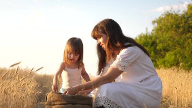 çocuğun elinde buğday tanesi. anne ve küçük çocuk bir buğday tarlasında torba içinde tahıl ile oynuyorlar. bebek kız mutlu anne çiftçi küçük oğlu, tarlada kızı ile oynar. Tarım kavramı.