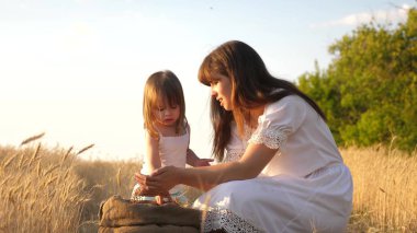 çocuğun elinde buğday tanesi. anne ve küçük çocuk bir buğday tarlasında torba içinde tahıl ile oynuyorlar. bebek kız mutlu anne çiftçi küçük oğlu, tarlada kızı ile oynar. Tarım kavramı.