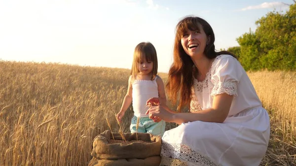 Mère fermière heureuse joue avec le petit fils, fille dans le champ. mère et petit enfant jouent avec le grain dans un sac sur un champ de blé. Concept d'agriculture . — Photo