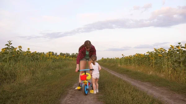 Mamma lär dotter att rida en cykel på en landsväg i ett fält av solrosor. ett litet barn lär sig att cykla. Mamma leker med sin lilla dotter. Begreppet lycklig barndom. — Stockfoto