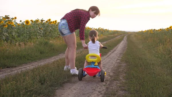 Мама учит дочь ездить на велосипеде по проселочной дороге в поле подсолнухов. маленький ребенок учится кататься на велосипеде. Мама играет со своей маленькой дочкой. Концепция счастливого детства . — стоковое фото
