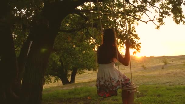 十代の女の子は森の夏の夜にブランコでフライトを楽しんでいます。オークの枝にロープを振る若い女の子。公園で白いドレスを着た美少女. — ストック動画