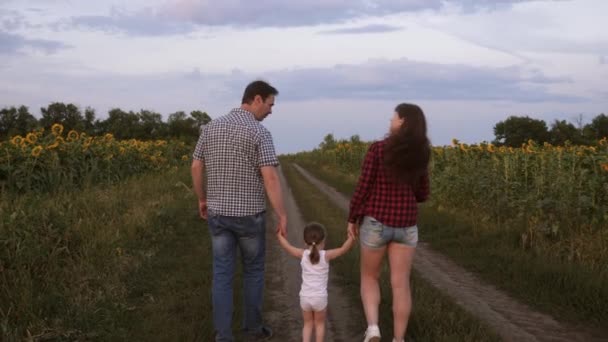 Little daughter jumping holding hands mom and dad. Family with small child walks along road and laughs next to field of sunflowers. Mom, dad and daughter are resting together outside city in nature — Stock Video