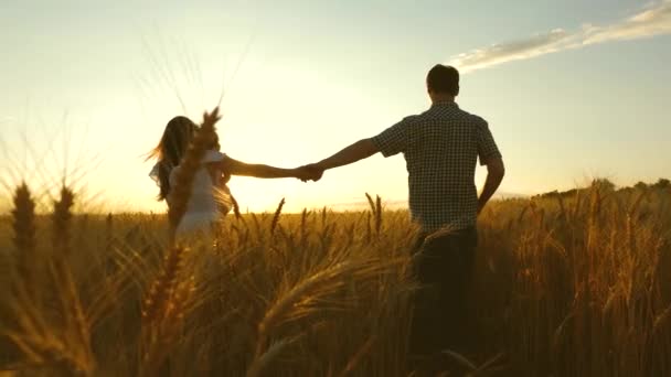 Händchenhaltend gehen Mama und Papa auf einem Weizenfeld spazieren. Vater Tochter und Mutter spielen auf dem Feld. Zeitlupe. glückliche junge Familie mit Kind geht auf Weizenfeld. — Stockvideo