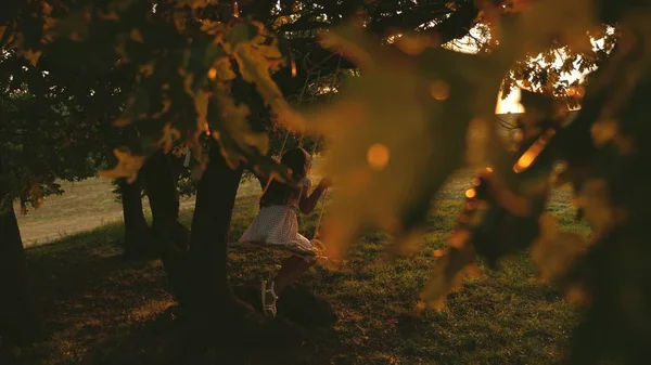 Niño monta un columpio de cuerda en una rama de roble en el atardecer del parque. chica ríe, se regocija. jovencita balanceándose en un columpio bajo un árbol en el sol, jugando con los niños. Bosque familiar divertido, en la naturaleza. Movimiento lento —  Fotos de Stock