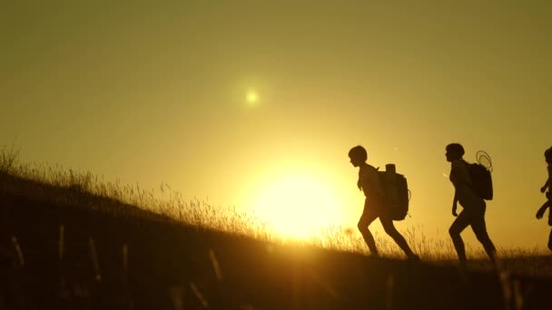 Niños y mamá con mochilas viajan escalar la montaña al sol. Mamá e hijas acampan. Familia de turistas con niños viajando al atardecer. trabajo conjunto de los turistas. movimiento a la victoria . — Vídeo de stock