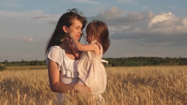 Anne elinde buğday ile spikelets tutun alanda bebek ile yürür. küçük kızı bir buğday tarlasında anne öper. mutlu aile seyahatleri. annemin kollarında bebek. mutlu aile kavramı. — Stok video