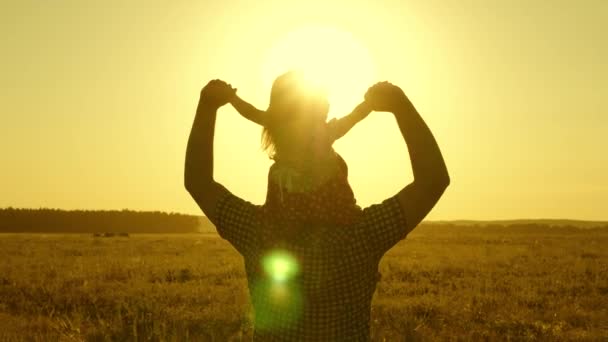 Papà porta l'amato bambino sulle spalle che cammina intorno al campo al tramonto. Figlia che cavalca con papa 'sulle spalle nel parco. Un bambino con genitore cammina la sera al tramonto del sole. Rallentatore . — Video Stock