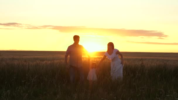 Vater, Tochter und Mutter spielen auf dem Feld. Mama und Papa gehen händchenhaltend bei Sonnenuntergang auf einem Weizenfeld. glückliche junge Familie mit Kind geht auf dem Weizenfeld spazieren. Konzept einer glücklichen Familie. — Stockvideo