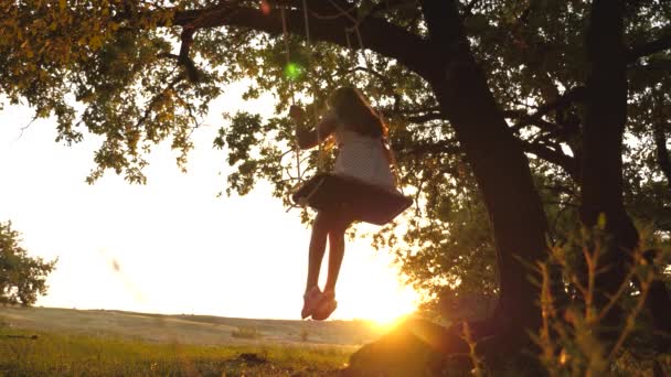 Kind rijdt een touwschommel op een eiken tak in bos. meisje lacht, verheugt. jong meisje swingende op een schommel onder een boom in de zon, spelen met kinderen. Close-up. Familie plezier in Park, in de natuur. — Stockvideo