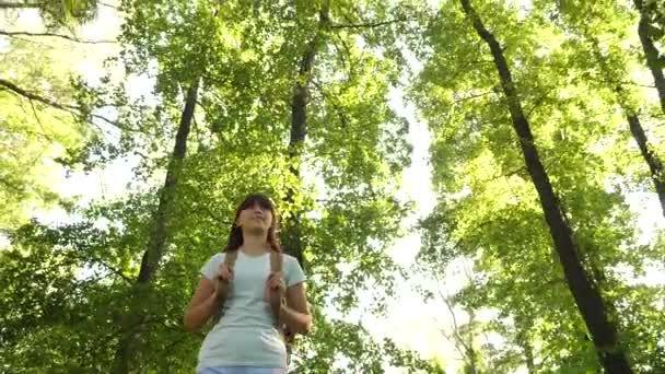 Hiker, chodí do lesa. Dívčí cestovatel prochází lesem s batohu. šťastná dívka v letním parku. puberťankou dobrodružství na dovolené. — Stock video