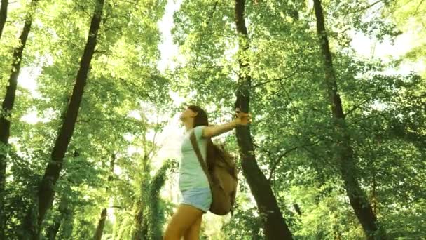 Viajante menina está andando através da floresta com uma mochila e está feliz espalhando seus braços para os lados. Caminhante mulher caminha na floresta. menina caminhante feliz no parque de verão. adolescente menina aventuras em férias . — Vídeo de Stock